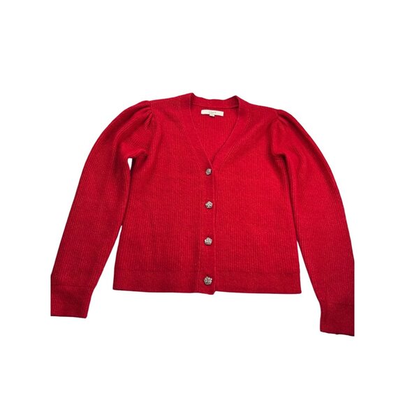 Loft Womens Fuzzy Red Button Front Cardigan Sweater Size S Rhinestone Buttons - Picture 1 of 9
